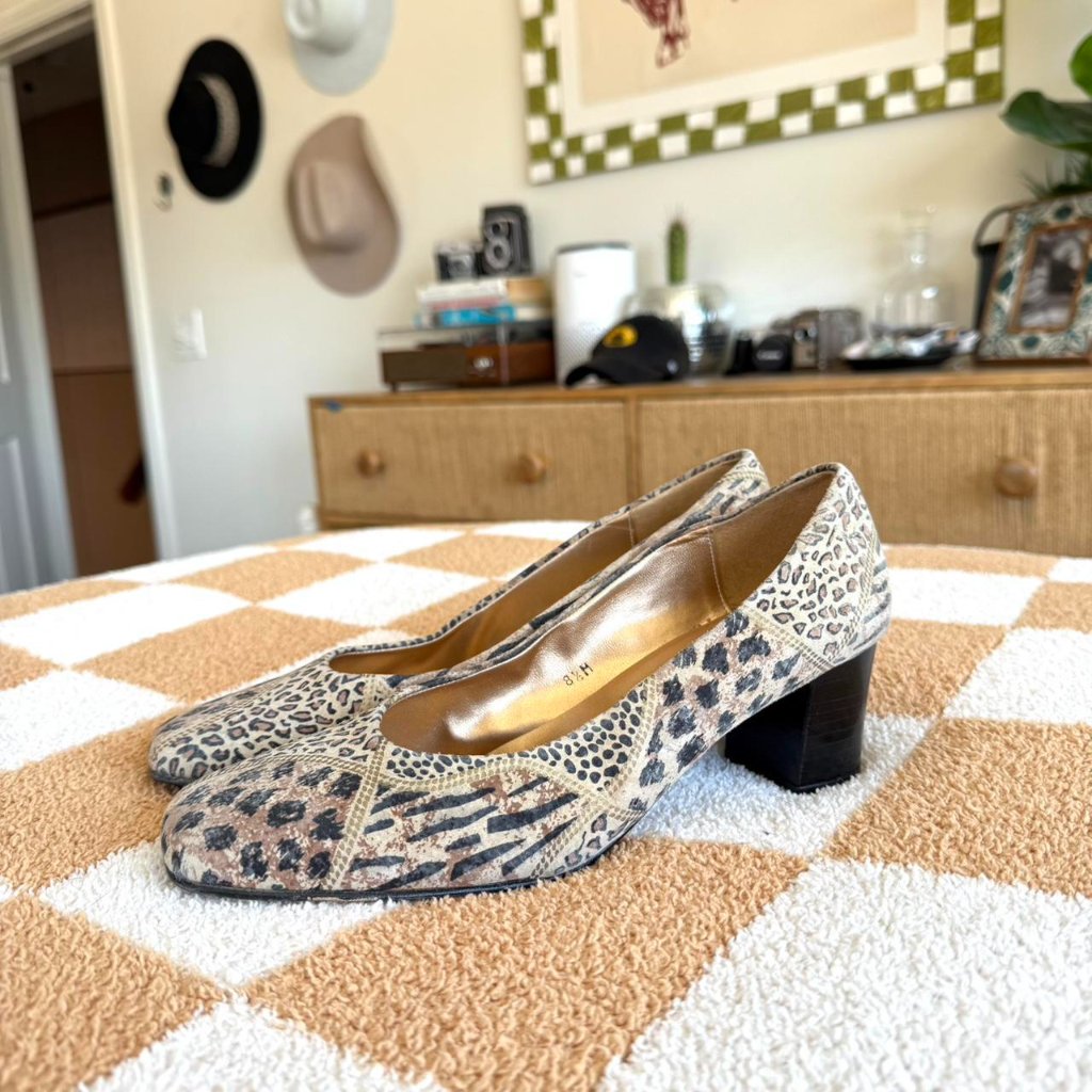 Harris Leopard Print Tan Black Block Heels Pumps Womens Size 8.5